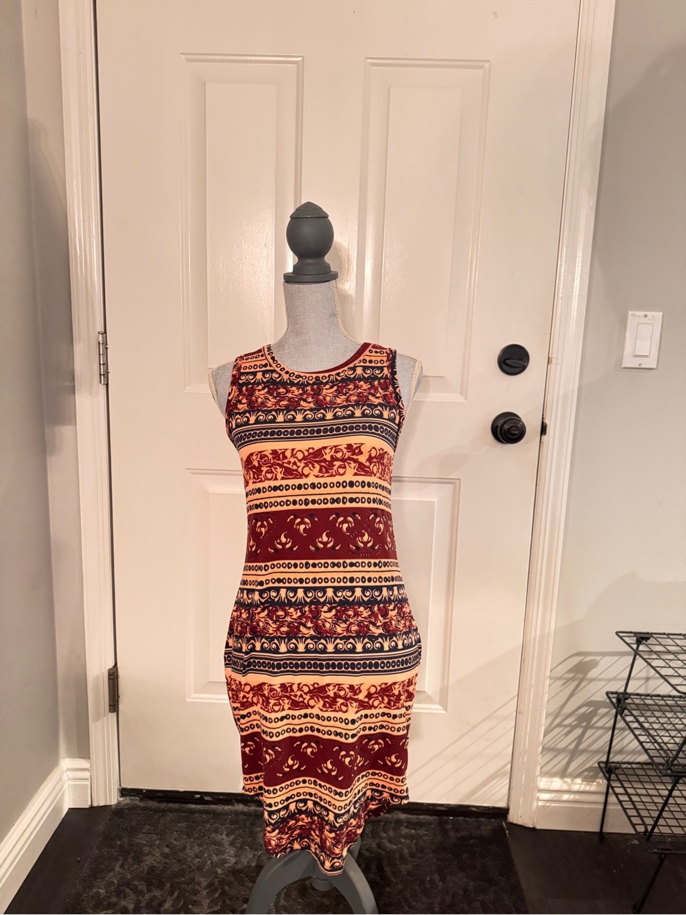 Rue21 Sleeveless Patterned Midi Dress in Burgundy and Mustard